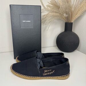 Authentic YSL Saint Laurent Black Canvas Espadrilles with Gold Logo Stitching